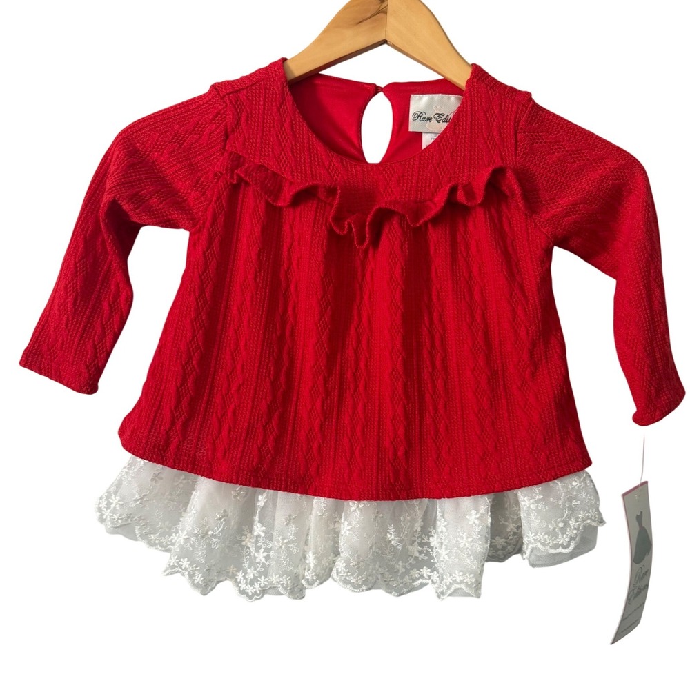 NWT Rare Editions Kids Sz 3T Red Cable Knit Ruffle Lace Trim Top Holiday Classic